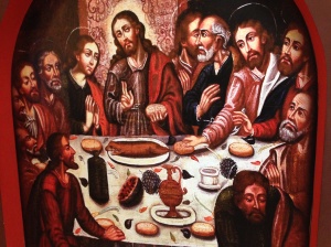 Peruvian version of the Last Supper. Note that Jesus is eating cuy (guinea pig).