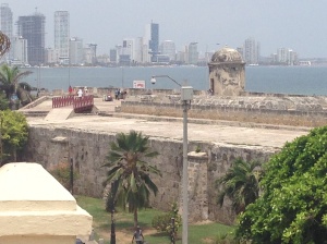 Walls of Cartagena old city with a view of the new across the bay